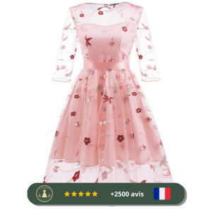 Robe trapèze rose avec dentelle à motifs fleuris des années 20