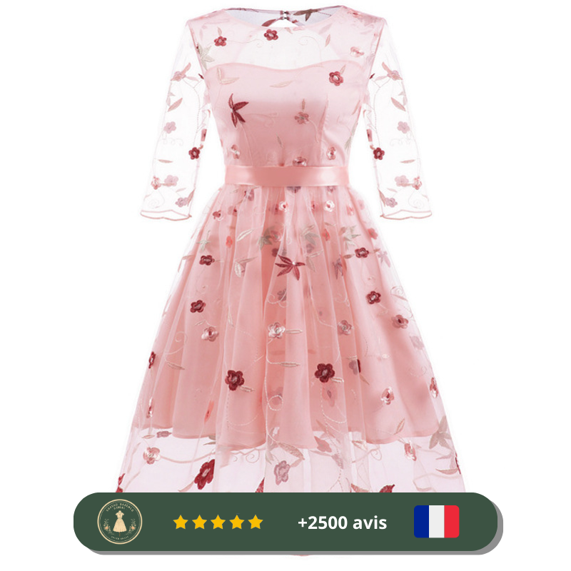 Robe trapèze rose avec dentelle à motifs fleuris des années 20