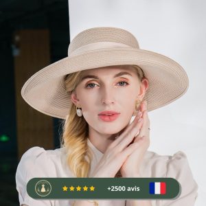 Chapeau de paille années 30 beige à motif de soie