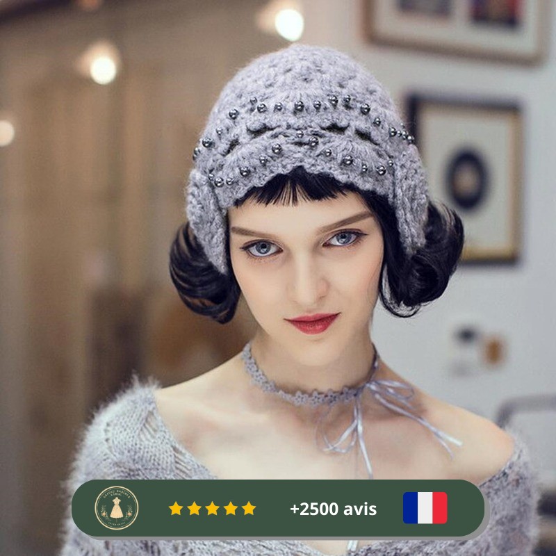 Chapeau années 30 gris en tricot à motifs argentés – Image 2