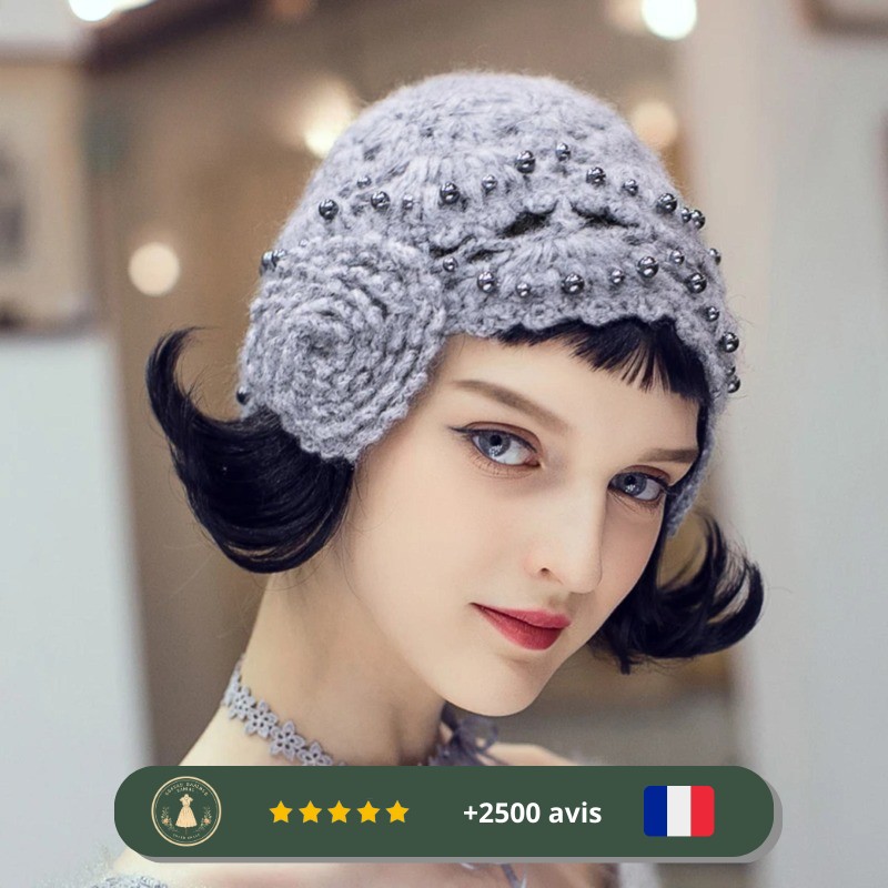 Chapeau années 30 gris en tricot à motifs argentés – Image 4