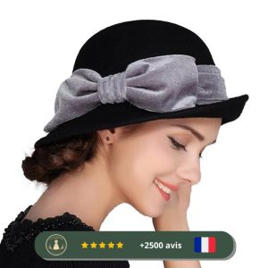 Chapeau noir cloche à nœud papillon des années 20