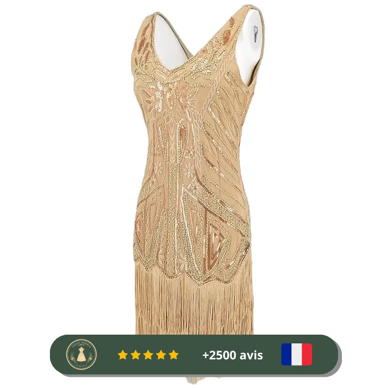 Robe courte beige avec col V des années 20 – Image 3
