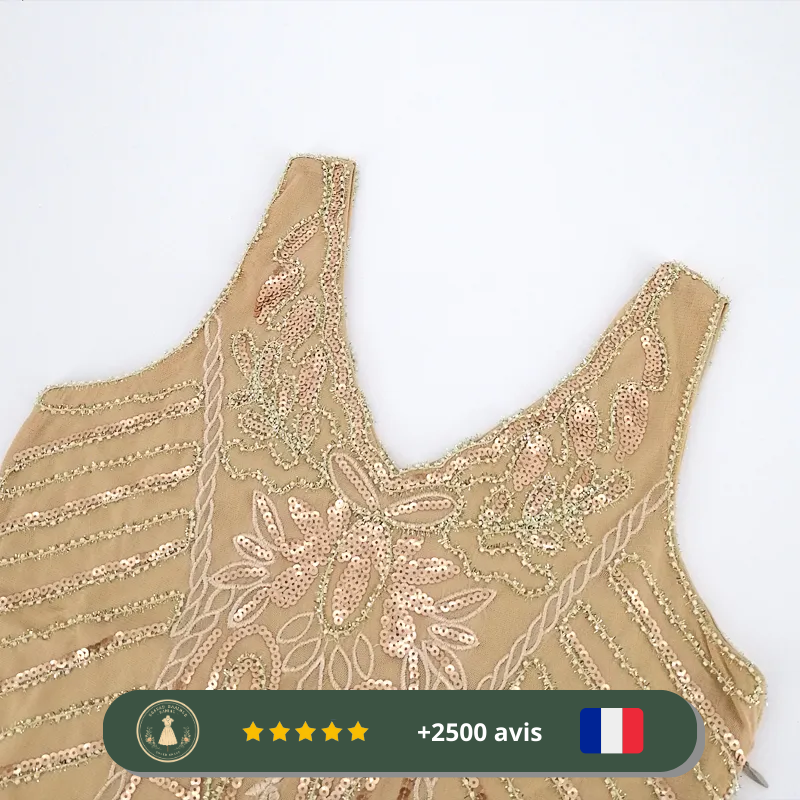 Robe courte beige avec col V des années 20 – Image 4