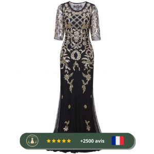 Robe longue noire à paillettes dorées de soirée Gatsby