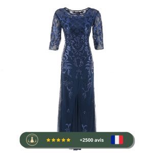 Robe bleue longue à paillettes de cocktail des années 20
