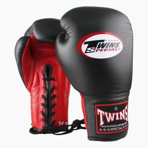 Gants de Muay Thai Twins Special BGLL-1 Noir-Rouge avec lacets