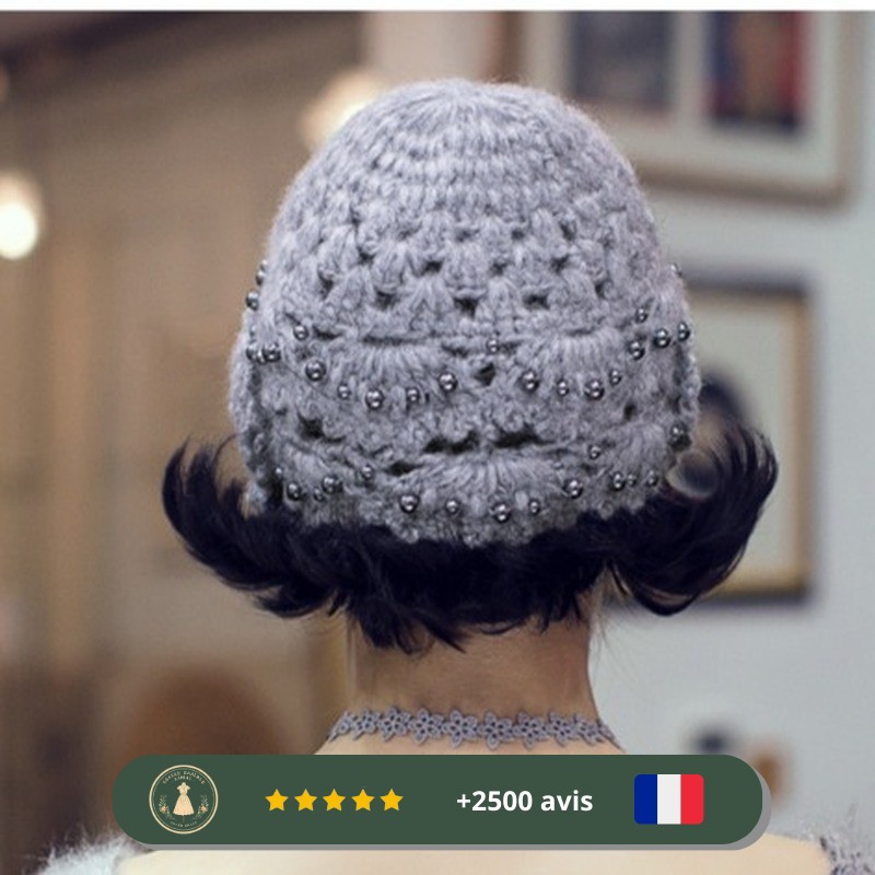 Chapeau années 30 gris en tricot à motifs argentés – Image 3