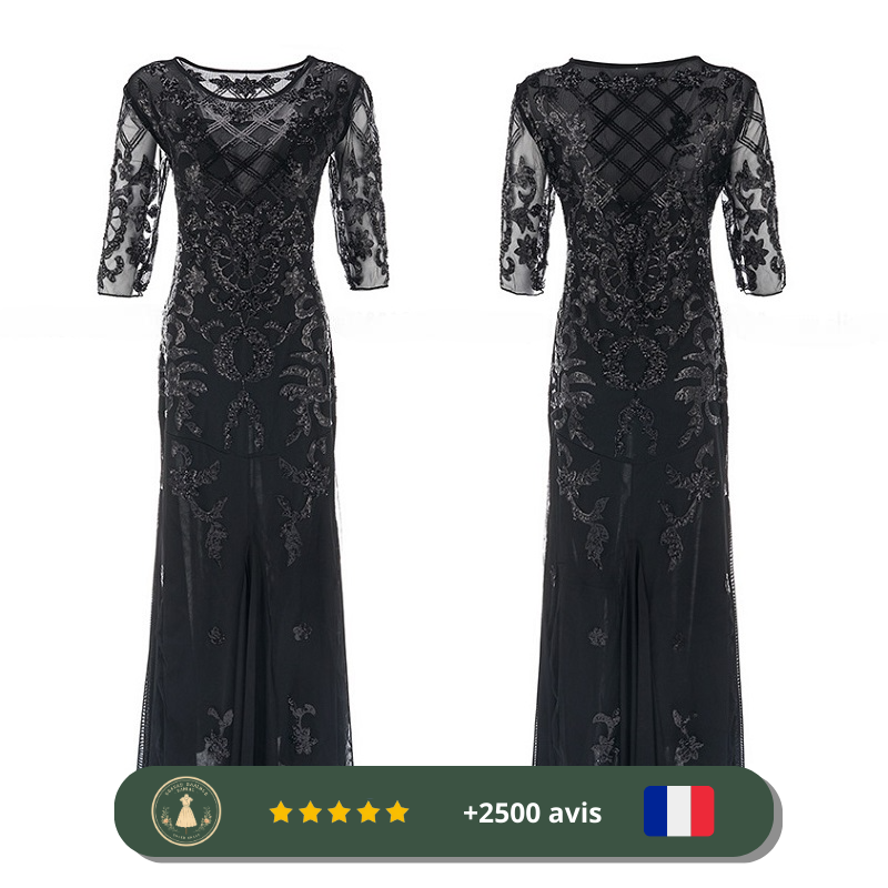 Robe noire longue à paillettes de soirée des années 20 – Image 3