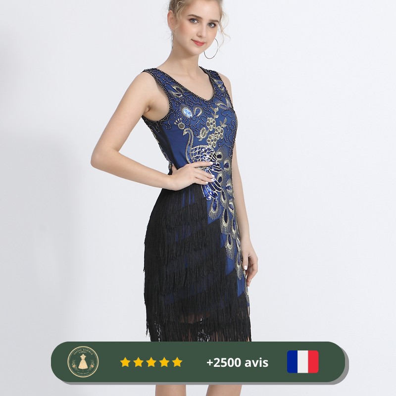 Robe de soirée bleue vintage des années 20 avec franges noires – Image 3