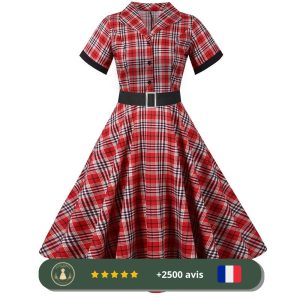 Robe années 30 femme évasée rouge à carreaux