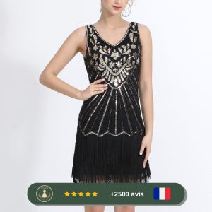 Robe noire courte perlée des années 20 à franges