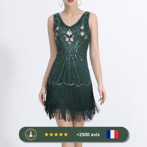Robe perlée courte verte à franges des années 20