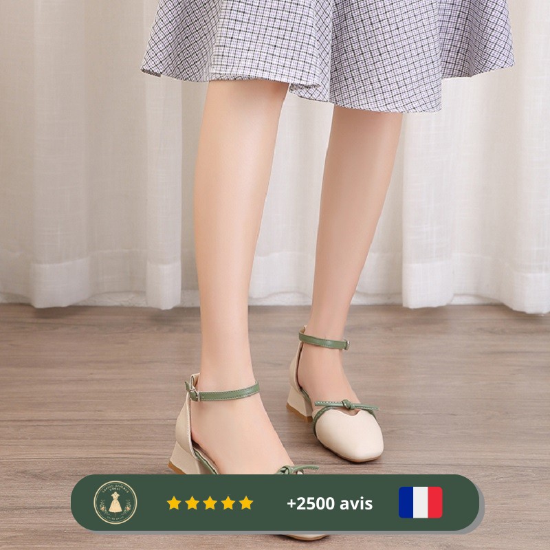 Chaussures beiges et vertes à talons bas des années 30 pour femme – Image 4