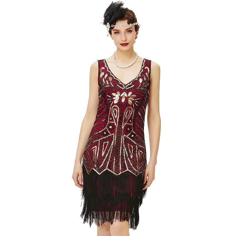 Robe de soirée courte style Gatsby rouge et dorée des années 20 – Image 3
