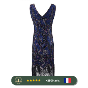 Robe bleue à franges des années 30 de style Gatsby