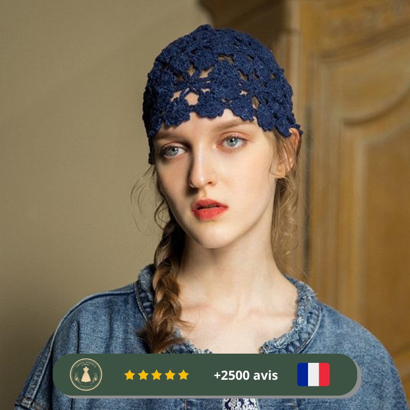 Chapeau bleu années 30 femme tissé en fleurs – Image 4