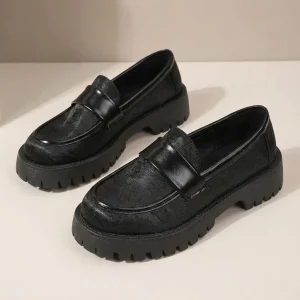 Mocassin Femme Plateforme Noir à Motifs Floraux