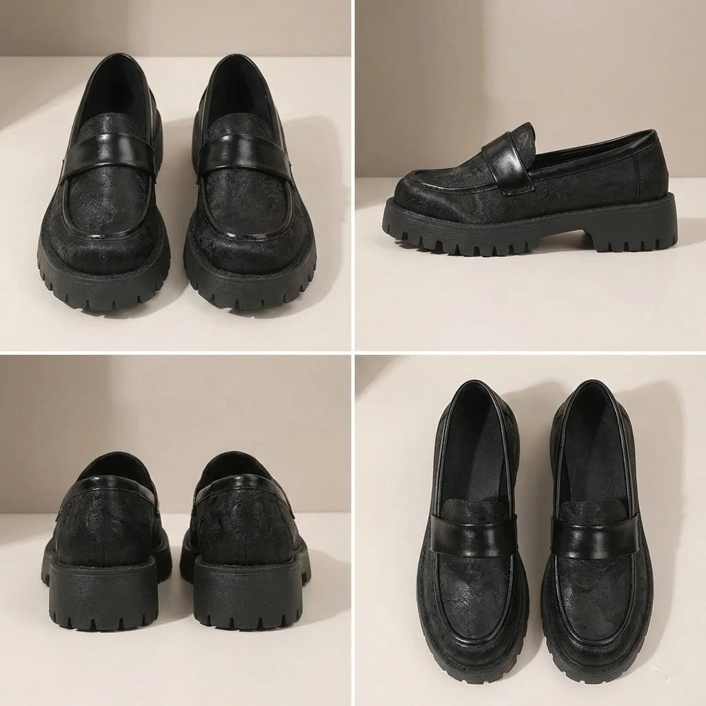 Mocassin Femme Plateforme Noir à Motifs Floraux – Image 4