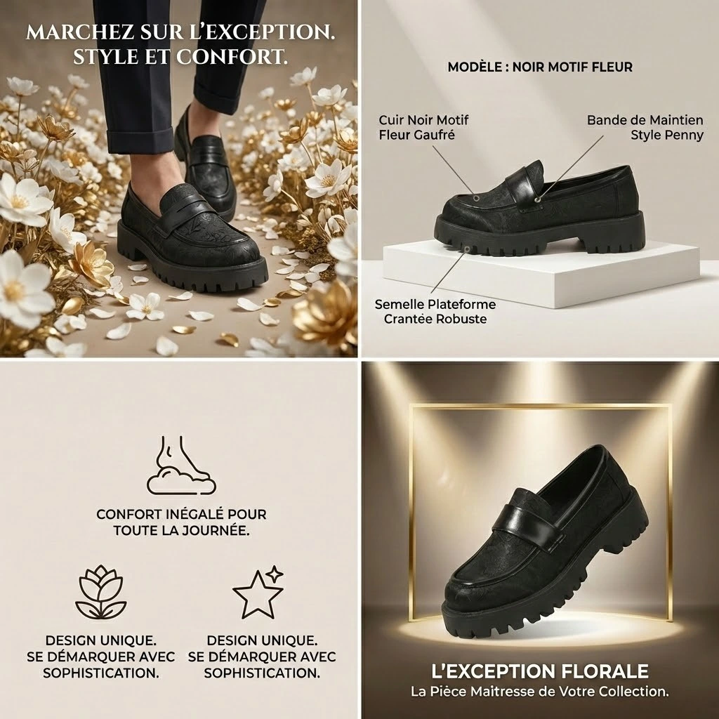 Mocassin Femme Plateforme Noir à Motifs Floraux – Image 5