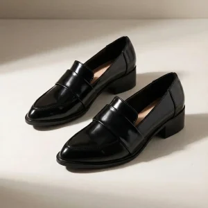 Mocassin Femme Vernis Noir à Talon Bloc