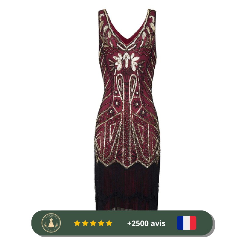 Robe de soirée courte style Gatsby rouge et dorée des années 20