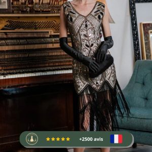 Robe de soirée noire et abricot inspirée du style Gatsby des années 20