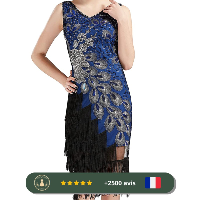 Robe de soirée bleue vintage des années 20 avec franges noires