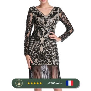 Robe noire et beige de style Gatsby avec manches longues